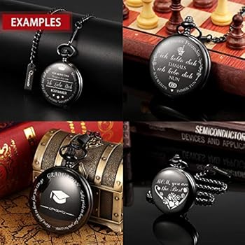 TREEWETO zakhorloge gepersonaliseerd gravure zakhorloge met ketting heren zwart cadeau voor verjaardag Vaderdag Vaderdag Vaderdag Vaderdag