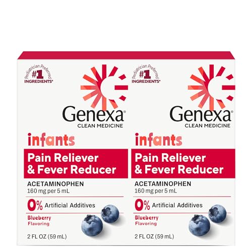 Image of Genexa Infants' Clean Acetaminophen | Pediatrician Preferred Ingredients | Pain Reliever & Fever Reducer for Babies | Dye Free, 0% Artificial Additives | Organic Blueberry Flavor, 4 fl oz (2 Pack)