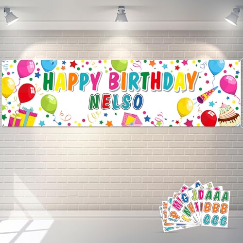 Tatuo Personalized Birthday Banner with Name DIY Colorful Happy Birthday Banner Backdrop with Alphabet Stickers Custom Name Backdrop for Outdoor and Indoor Party Decoration(White)