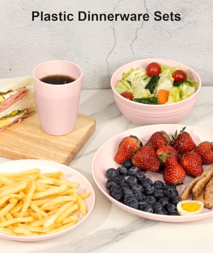 Image of Quatish 32 Piece Plates and Bowls Sets for 8, Unbreakable Dinnerware Sets, Plastic Dish Set for Camping, Dishwasher Microwave Safe, Outdoor Kitchen and Apartment Dorm Dinning RV Essentials, Pink