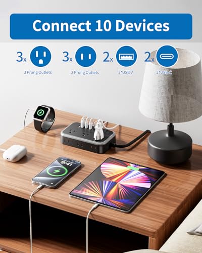 NTONPOWER Extensión 2 Prong con 6 Tomas, 2 USB C y 2 USB A, 1875W, Protector contra Sobretensión 1080J, Enchufe Plano Giratorio 180° miniatura 4