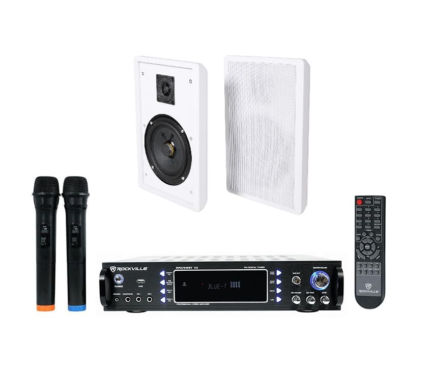 Rockville Bundle: RPA70WBT V2 1000w 2-Ch USB Bluetooth Karaoke Amplifier/Mixer+(2) Mics Bundle with Pair Rockville RockSlim White Home Theater 5.25