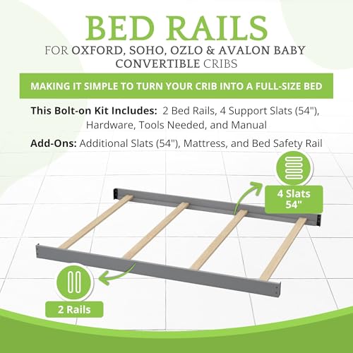 Image of Full-Size Conversion Kit Bed Rails for Oxford, Soho, Ozlo & Avalon Baby Convertible Cribs - Solid Wood - Toddler and Adult Rail for Full-Size Bed - Nursery and Baby Furniture (Dove Gray, Bolt-On Kit)