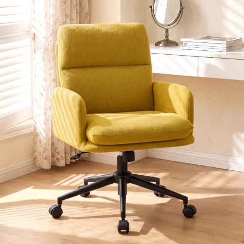 Image of Comfortable Ergonomic Office Chair, Upholstered Desk Chair with Double-Layer Cushioning, Adjustable Height Swivel Task Chair with Padded Armrests, Rolling Wheels and Metal Base, Yellow