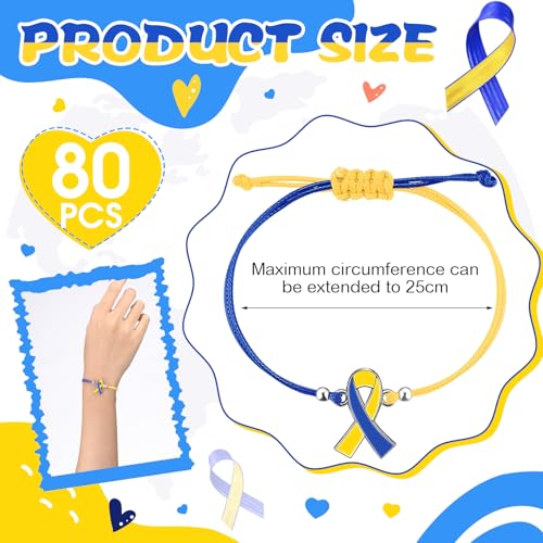 80pcs Down Syndrome Awareness Bracelet Adjustable Blue Yellow Ribbon Cord Fan Shaped Band Braided Bracelet Down Syndrome EDS Special Education Gift for Women Men Fighters2