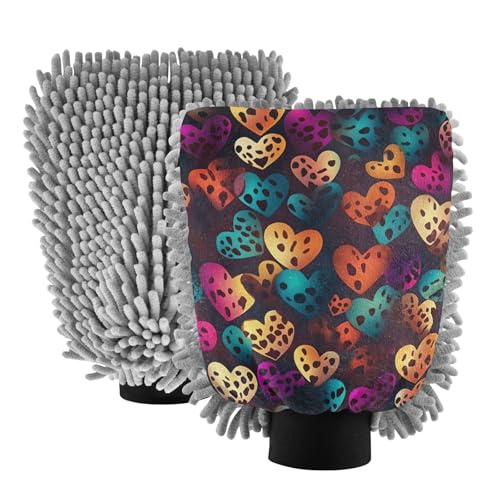 IOACIY Absorbent Microfiber Car Wash Drying Mitts, 2 Pack, Scratch-Free & Lint-Free, Rich Foam, Highly Absorbent, Double Sided, Wash Mitt Perfect for Car Washing, L, Heart Flowers Cheetah Print (4)