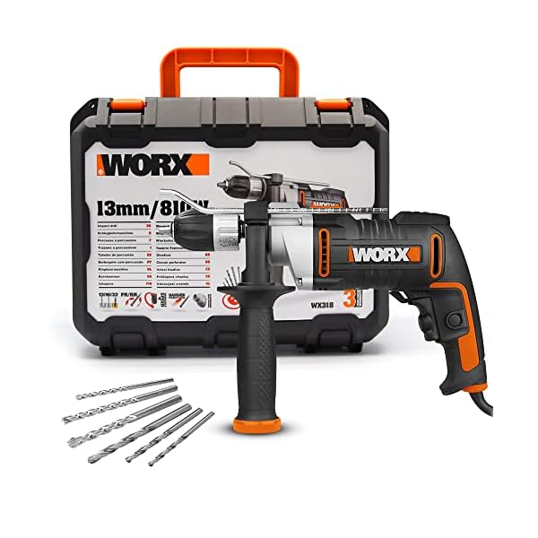 WORX WX318 Schlagbohrmaschine 810W mit robustem Metall-Getriebegehäuse, stufenloser Drehzahlregulierung, Tiefenanschlag, Schnellspannbohrfutter uvm. – Exaktes Bohren in Holz, Beton & Stahl
