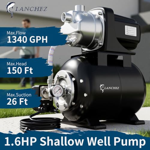 Image of Lanchez 1.6HP Shallow Well Garden Pump, Stainless Steel Irrigation Pump, 1340 GPH, Automatic Water Booster Jet Pump for Home, Garden, Lawn,Irrigation, 115V, Glossy black