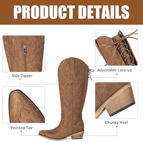 Wide Calf Cowboy Boots Women Knee High Embroidered Western Cowgirl Boot Back Lace Up Chunky Heels Pointed Toe Side Zipper3