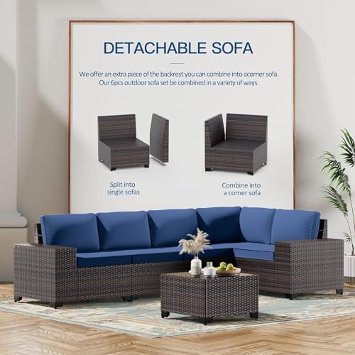 Image of 7 PCS Outdoor Patio Furniture Set,Outdoor Sectional Furniture with 43 inch 55000 BTU Gas Propane Fire Pit Table,All Weather PE Rattan Wicker Patio Conversation Set,Navy Blue
