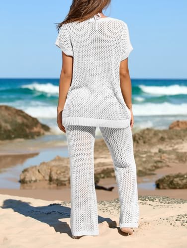 Famulily Womens 2 Piece Hollow Out Cover Up Set Crochet Knitted Outfits with Short Sleeve Tops and Long Pants2