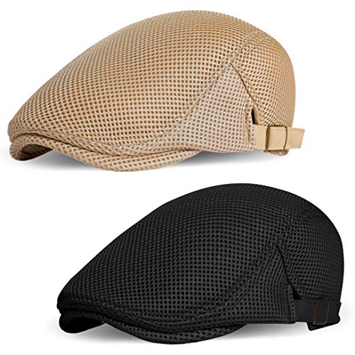 BABEYOND Men's Mesh Flat Cap Breathable Summer Newsboy Hat Beret Cabbie Ivy Hat Gatsby Newsboy Hat for Driving Hunting (Z-Black & Khaki, Polyester & Alloy)