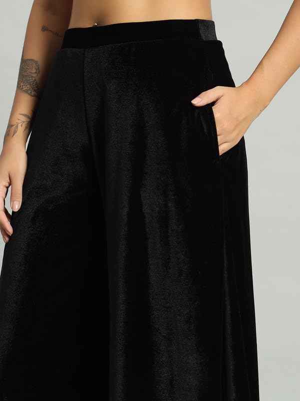 Image of Vaararo Party Trousers for Women | Shiny Velvet Fabric Wide Bottoms Stylish Palazzo Pants