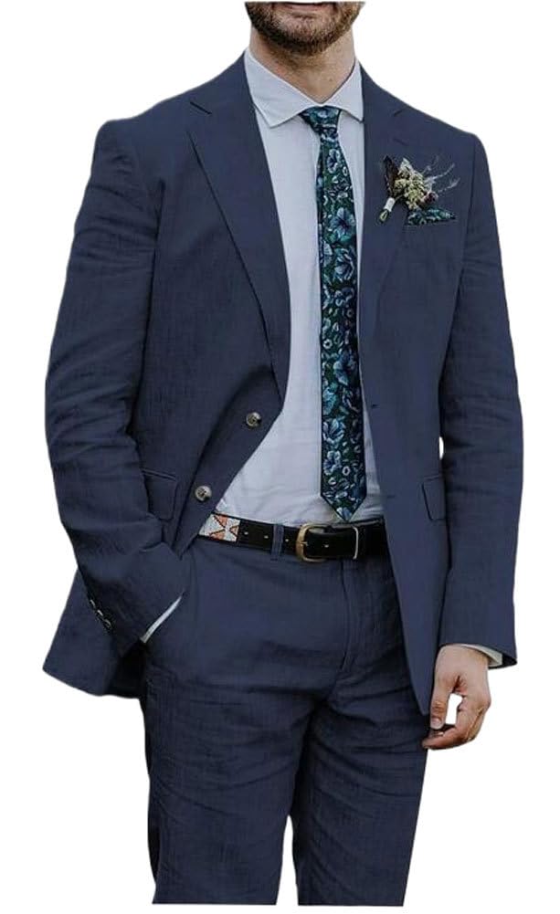 Botong Men's Navy Linen Suit For 2 Pc Notch Lapel Summer Wedding Tuxedos Lightweight Prom Party Suit 48 Chest / 42 Waist