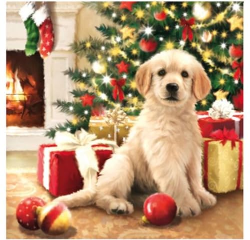 Set of 2 Individual Decoupage Paper Party Napkin Christmas Puppy Dog Watercolor Decor Luncheon Napkins for a Birthday Holiday, Wedding, Cocktail Party