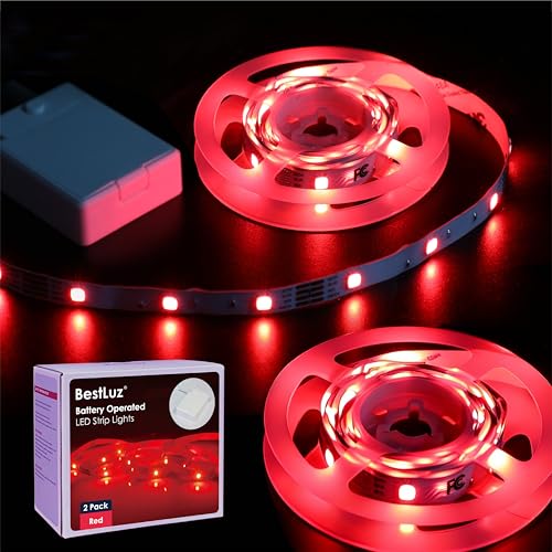 Image of BestLuz LED Strip Lights Battery Operated 3.33ft x 2 Pack Flexible LED Light Strip Battery Powered Lighting for Bedroom Room Decor Cabinet Shelf TV Backlight Red
