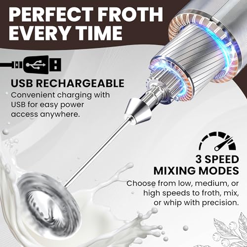 Image of Desi BAE Frother Electric with Double Whisk | C Type Rechargeable Coffee Maker Machine for Home | 1 Year Warranty | Free Coffee Blender Recipe Book | Big Battery 1 Charge = 15 Days Use.