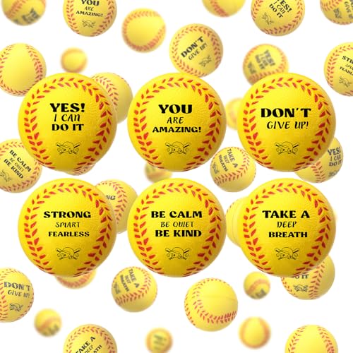 Blulu 30 Pieces Mini Softball Stress Balls with Motivational Quotes Baseball Party Favors Sport Squeeze Foam Balls Yellow Baseball Fidget Toys for Anxiety Relief Birthday Gift Carnival Party Supplies