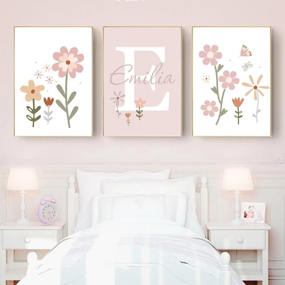 3 Affiche Prenom Personnalisé Bebe 30x40cm Tableau Chambre Fille Rose Fleurs Poster Decoration Murale Chambre ado Fille Enfant Toile Chambre Bébé Fille Cadeau sans Cadre