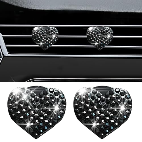 Image of Car Bling Air Vent Clips, 2 Pcs Bling Heart Charm Air Conditioning Outlet Clip, Crystal Rhinestone Accessories, Car Interior Decoration Cute Accessories for Women Girls (Black, Vanilla)