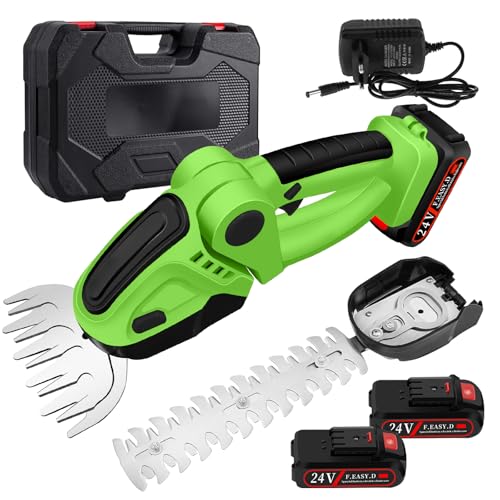 ROCKY&CHAO Cortasetos y tijeras de césped inalámbricas 24 V 2 en 1 con 2 baterías de 1500 mAh, cuchillas SK5 de 12 cm/23 cm
