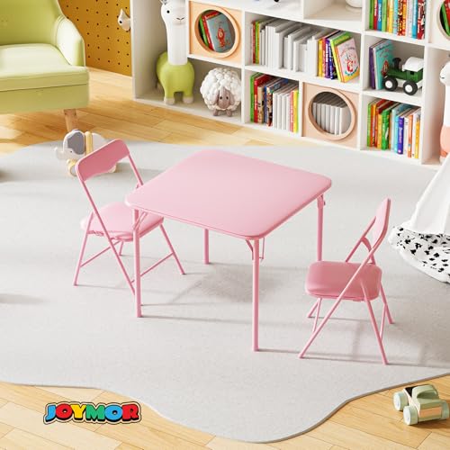 Image of JOYMOR Kids Folding Table and Chairs Set, 3-Piece Metal Frame Activity Set with Easy-Fold Design for Playroom & Classroom (Pink)