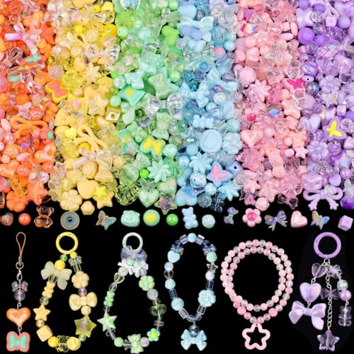 Image of SANNIDHI Charm Beads for Bracelet Making Kit with Charms,Assorted Spacer Beads Jewellery for Making,Color Bow Flower Butterfly Star Heart Cute Bead Women Girls DIY Phone Charm Crafts (1 Pack)