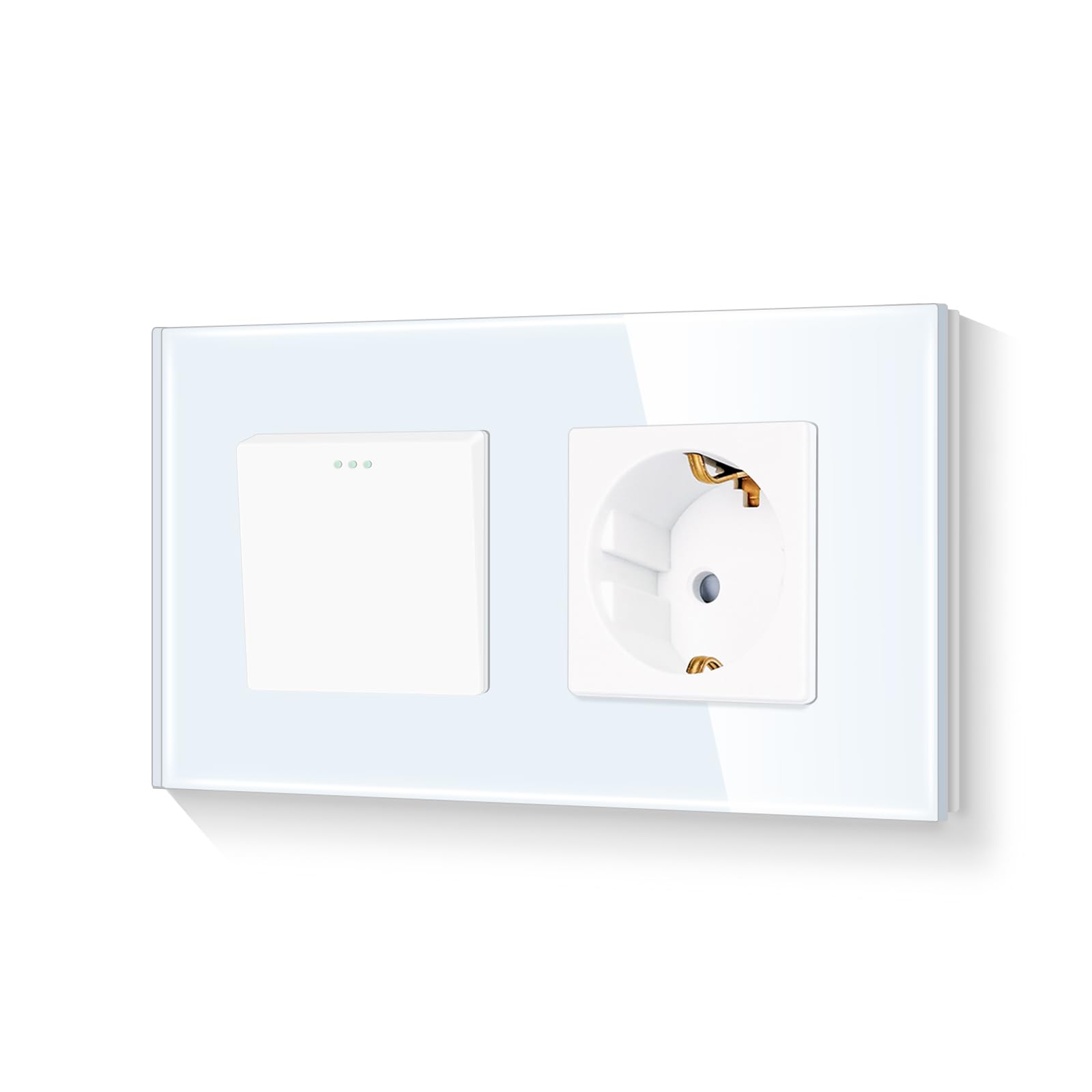 LIAONFOY Schuko 1 Fach 1 Weg Tasten Lichtschalter mit Steckdose Ein Aus Schalter mit Kindersicherung Wandsteckdose Glasrahmen Weiß 2Fach 110-250V 157mm