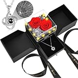 Gnifot 2 Preserved Rose Gift for Women - Eternal Rose with I Love You Necklace - Romantic Birthday Gifts for Girlfriend Mom Her Wife Grandma on Valentines Mothers Day Anniversary Christmas-Red