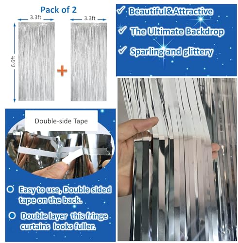 Image of 2PC Silver Streamers Party Decorations, Tinsel Backdrop Curtain Fringe Door Streamers Backdrop Party Decorations, Silver Fringe Backdrop for Disco Bachelorette Birthday Decorations