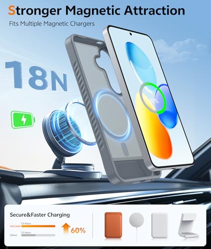 Image of FNTCASE for Samsung Galaxy S25-Plus Case: [Magnetic Stand] [Compatible with Magsafe] Translucent Matte Military Grade Shockproof Drop Rugged Protective Phone Cover, Gray