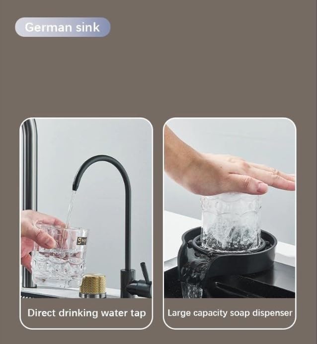 Image of Kitchen sink 24 x 18 x 9 inches Waterfall Kitchen Sink with ANTI SCRATCH HONEYCOMB DESIGN Integrated Waterfall and Pull-down Faucet Set /304 Grade Stainless Steel Sink with Cup washer