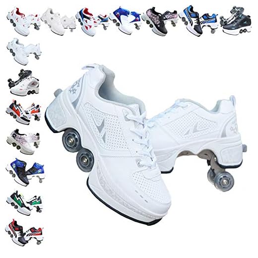 ASJUNQ Roller Skates for Women/Girls, Wheel Shoes for Boys/Men, Kick Roller Shoes for Kids, Quad Roller Shoes Retractable, Wheel Shoes Roller Sneakers Outdoor Recreation,White-10