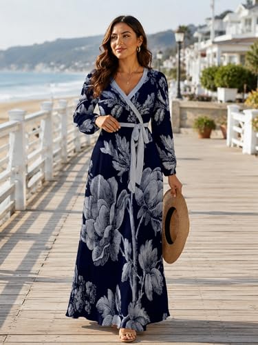 Image of PinkPatty Women's Long Sleeve Maxi Dress Plus Size Casual V Neck Wrap Dress with Pockets&Belt
