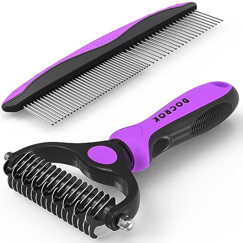 Pet Grooming Brush and Metal Comb Combo – Undercoat Rake for Dematting and Deshedding Long Matted Haired Dogs and Cats, Purple