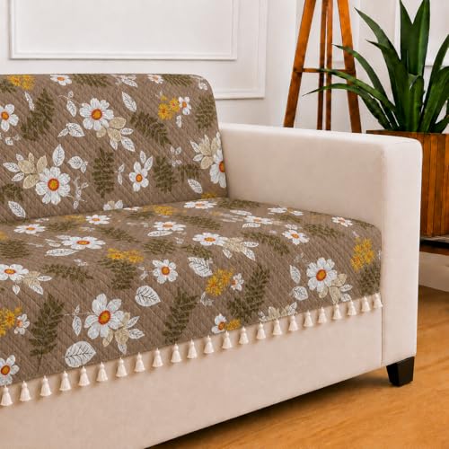 Image of STITCHNEST 'Frostvine Collection' 3 Seater Sofa Cover - Full Coverage| Cotton Quilted Fabric, Decorative Tassels, Washable & Durable for Modern Living