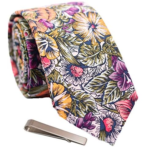 WITZROYS Men's Skinny Tie Floral Print Cotton Necktie and Tie Bar Clip Sets,Great for Weddings Cover