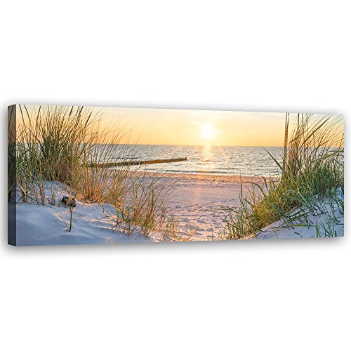 Feeby Impression sur Toile Intissee Sable Mer Vagues Plage Eau 150x50 cm Tableau Moderne Tableau Photo Chambre à Coucher Coucher de soleil Herbe Mer du Nord...