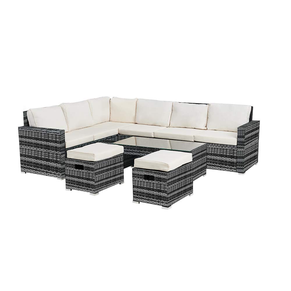 Panana Rattan Garden Sofa Set 8 Seater Outdoor Lounge Sofa with Coffee Table and Stools, PE Rattan Patio Furniture Garden Seating for Backyard, Poolside (Mixed Grey Wicker with Beige Cushions)