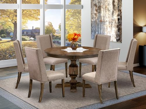East-West-Furniture-F3FL7-716-7-Piece-Dining-Set-Consist-of-a-Round-Dining-Room-Table-with-Pedestal-and-6-Dark-Khaki-Linen-Fabric-Upholstered-Parson-Chairs-48×48-Inch-Distressed-Jacobean East West Furniture F3FL7 716 7 Piece Dining Set Consist of a Round Dining Room Table with Pedestal and 6 Dark Khaki Linen Fabric Upholstered Parson Chairs 48×48 Inch Distressed Jacobean