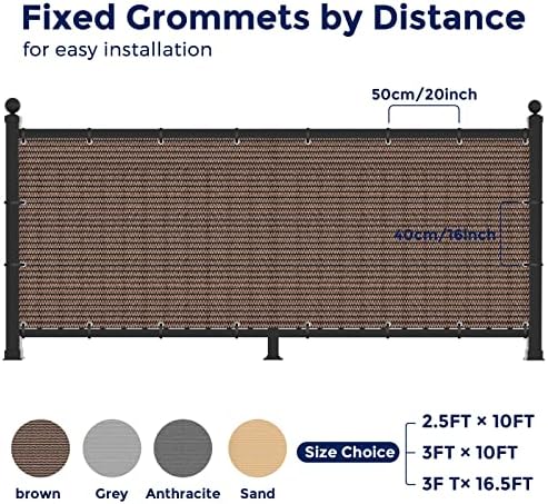 Duerer Balcony Screen Privacy Fence Cover 3' x 16.5' Brown Fence Netting Mesh Shade Cloth Fabric UV Protection for Apartment Balcony Railing Porch Outdoor, Backyard, Patio, Included Cable Ties Rope - 5