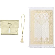 Anlising Muslim Prayer Mat with Prayer Beads and Fabric Bag, Yellow, 110x70CM