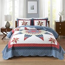Cotton Quilt Bedding Sets 3 Pieces Soft Reversible Coverlets Luxury Star Handmade Real Patchwork Red Blue Bedspread, King Size