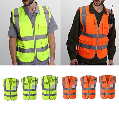 Colete de segurança respirável com zíper frontal de 4 bolsos de alta visibilidade com tiras refletiv