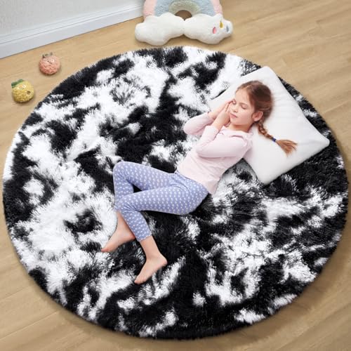 EVOIONOS Round Black White Tie-dye Rug, Fluffy Circle Rug 4x4 Feet for Kids Room, Shaggy Plush Circular Carpet for Bedroom, Soft Non Slip Floor Mat, Furry Cute Small Throw Rug for Kids Room Home Decor
