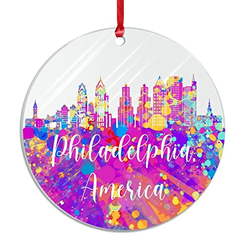 Evans1Nism Philadelphia Skyline America Acrylic Christmas Ornament Watercolour Hometown Holiday Keepsake Christmas Themed 3 Inch With Red String Hanging Christmas Tree Decor Ornament #TOP5