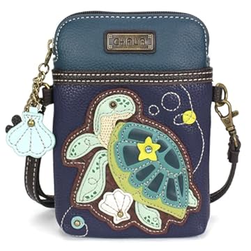 CHALA Bolsa tiracolo para celular Ocean Collection - Bolsa feminina de couro poliuretano/lona multicolorida com alça ajustável, Tartaruga a - azul-marinho, tamanho �nico