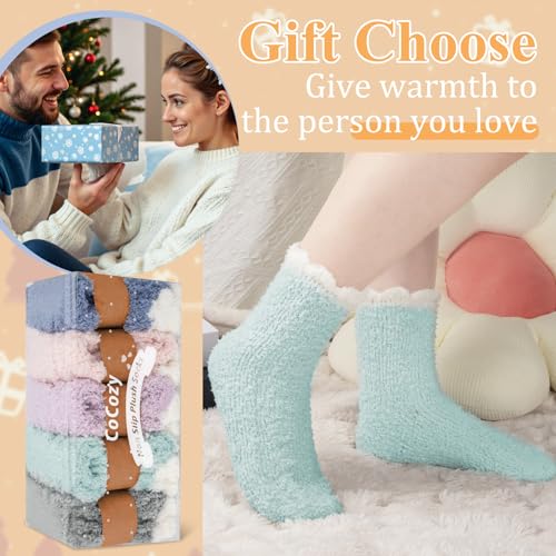 Fuzzy Socks with Grips for Women, 5 Pairs Soft Fluffy Sleep Cozy Hospital Socks Non Skid Plush Slipper Socks Gifts4