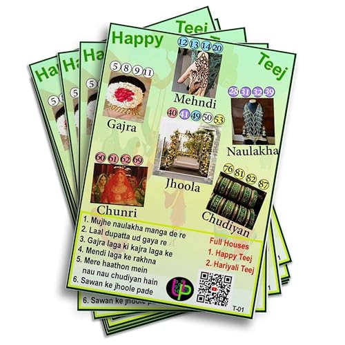 Image of Teej Theme Tambola Tickets - Set of 15 Tickets, Happy Teej Edition, Vibrant Hariyali Teej Kukuba Housie Bingo Cards, Board Game Set with Illustrations (English)