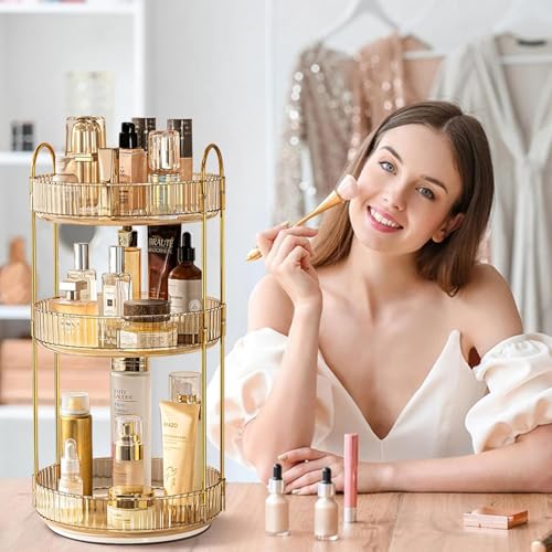 Image of Dravina 360 Rotating Makeup Organizer Rack| 3 Tier Standing Countertop Cosmetic Vanity Tray For Makeup, Skincare|Corner Rack For Bedroom,Bathroom (3 Layer- Amber (Rack) + Gold Rods)